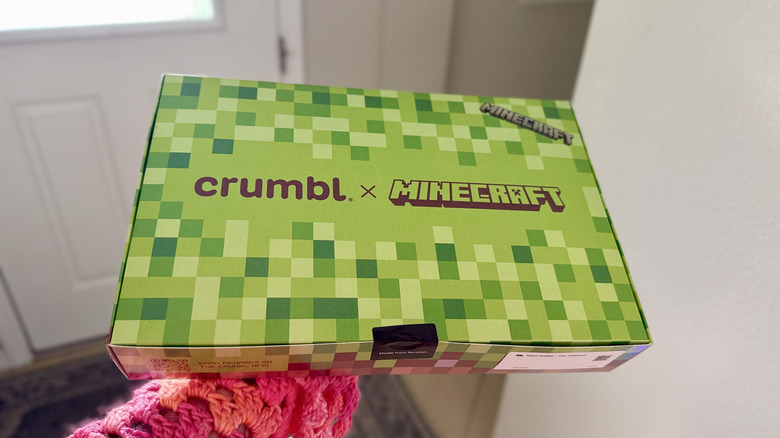 Outside of Crumbl X Minecraft cookie box