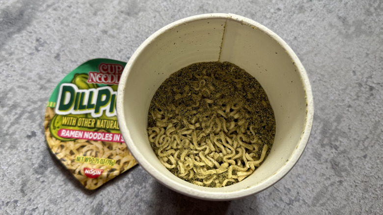 The contents of a Cup Noodles Dill Pickle