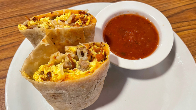 The Grand Slam burrito cut in half to reveal the inside