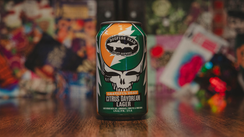 a can of Dogfish Head Grateful Dead Citrus Daydream Lager on wooden table