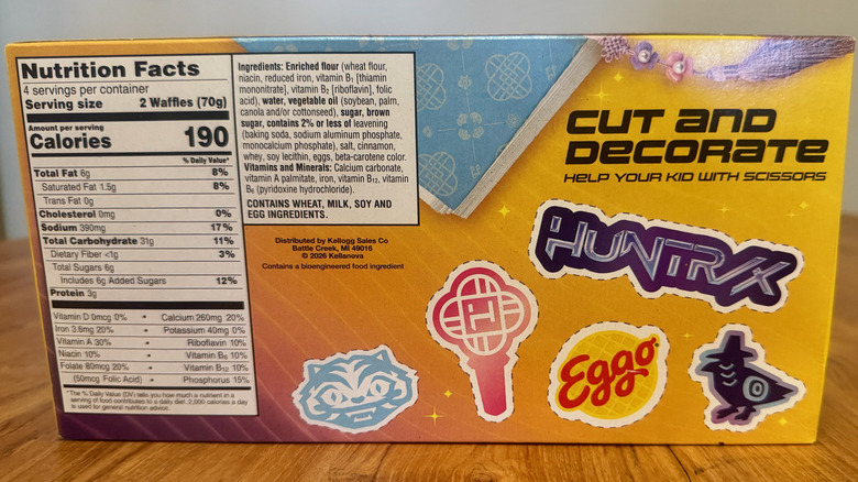 The back label of the waffle box with the nutrition facts and cut and decorate KPop Demon Hunters emblems