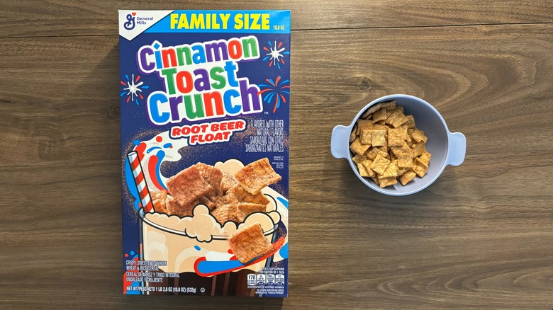 Cinnamon Toast Crunch Root Beer Float cereal box with dry bowl of cereal