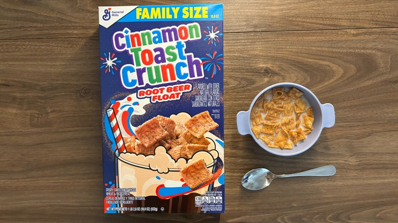 Cinnamon Toast Crunch Root Beer Float cereal box on table with cereal in bowl and spoon