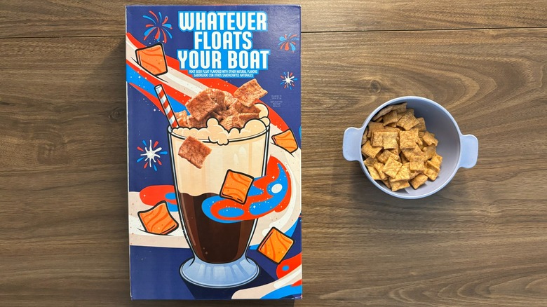 back of Cinnamon Toast Crunch Root Beer Float cereal box with dry cereal in bowl