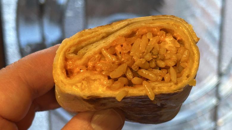 The inside of a split-in-half Volcano Quesarito