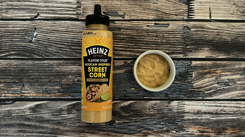 Mexican-Inspired Street Corn sauce in bottle and bowl