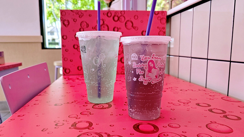 Pretty Pink and classic Baja Blast on a table