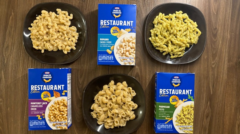 Kraft Mac & Cheese Restaurant Edition boxes and macaroni on plates