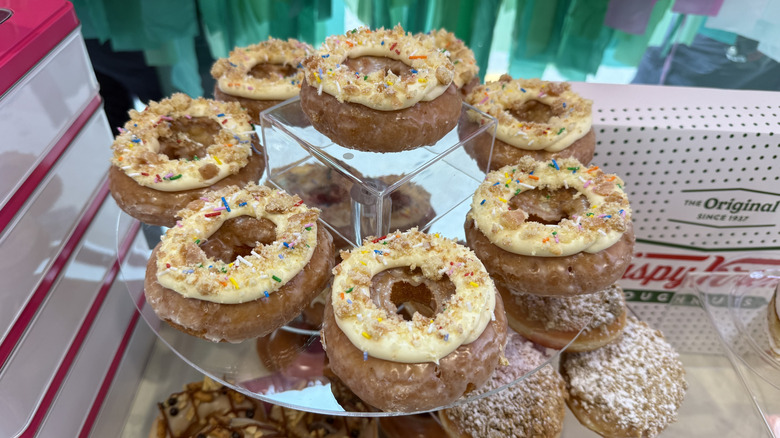 Birthday Cake Doughnuts on display with a box in the background
