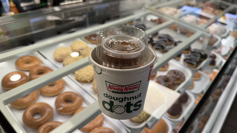 Closed lid on the Krispy Kreme Churro Dot Doughnuts cup