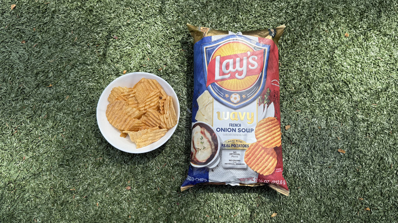 Lay's Wavy French Onion Soup chips in a bowl and a bag