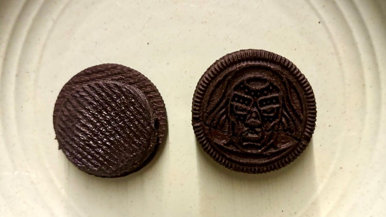 An open faced Marvel Oreo Stuf of Doom cookie on a plate