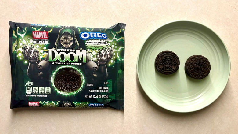 A Marvel Oreo Stuf of Doom cookie package and cookies on a plate