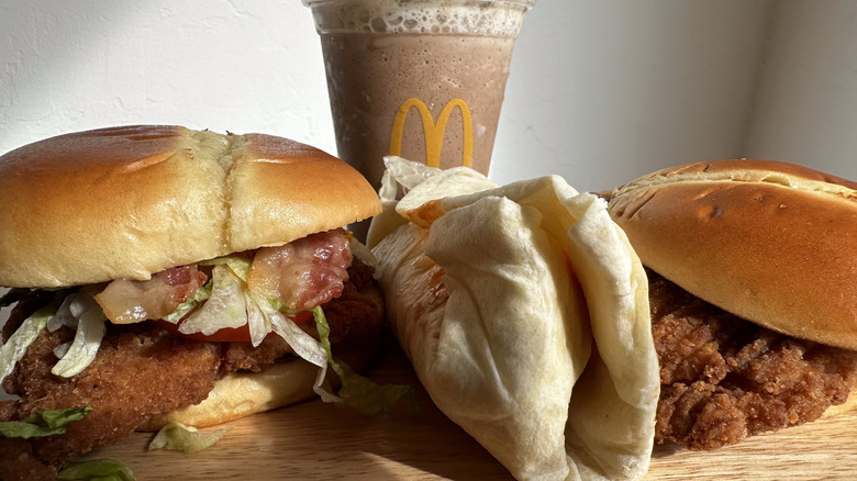 McDonald's Chips Ahoy! Frappe and two buffalo ranch sandwiches surrounding a buffalo ranch snack wrap