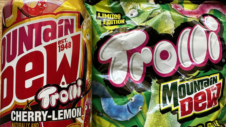 Mountain Dew Trolli Cherry-Lemon can and Trolli Mountain Dew Sour Brite Crawlers