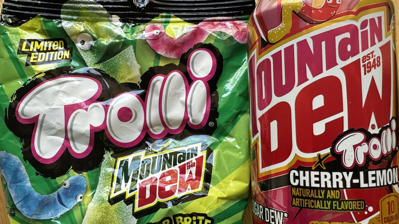 Trolli Mountain Dew Sour Brite Crawlers and Mountain Dew Trolli Cherry-Lemon can