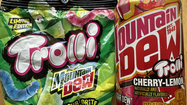 Trolli Mountain Dew Sour Brite Crawlers and Mountain Dew Trolli Cherry-Lemon can
