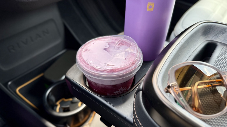 Starbucks' Hannah Montana Popstar Refresher drink in a cupholder in the car