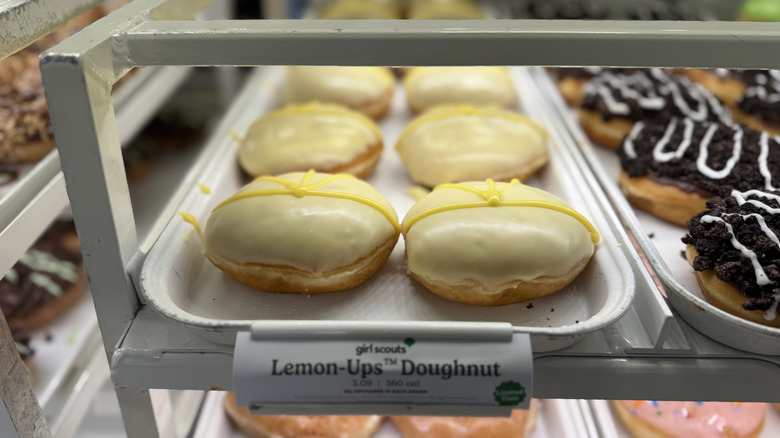 Krispy Kreme Lemon-Ups Doughnuts on a tray in a display case