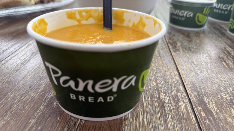 Panera Autumn Squash Soup on wooden table
