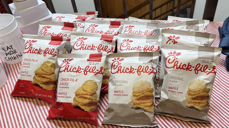 Bags of Waffle Potato Chips on a table