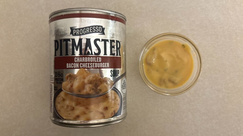 Progresso Charbroiled Bacon Cheeseburger Soup can and soup in ramekin