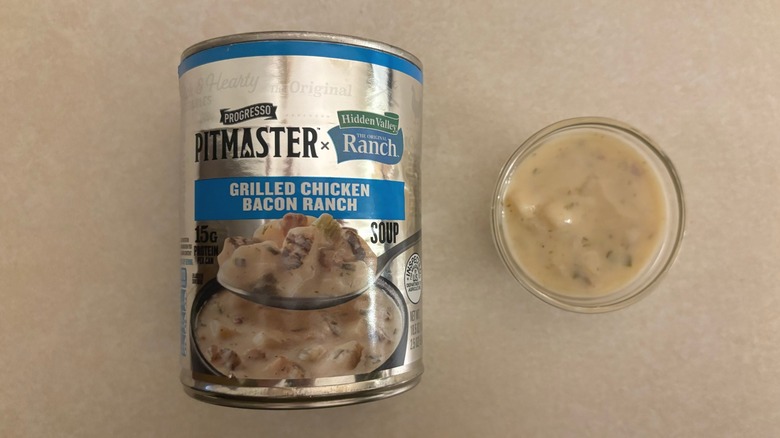 Progresso Grilled Chicken Bacon Ranch Soup with Hidden Valley Ranch can and soup in ramekin