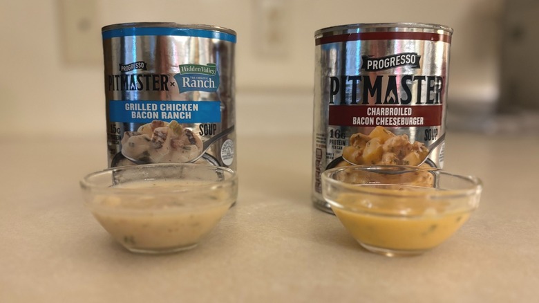 two cans of progresso soup side by side with ramekins of soup in front