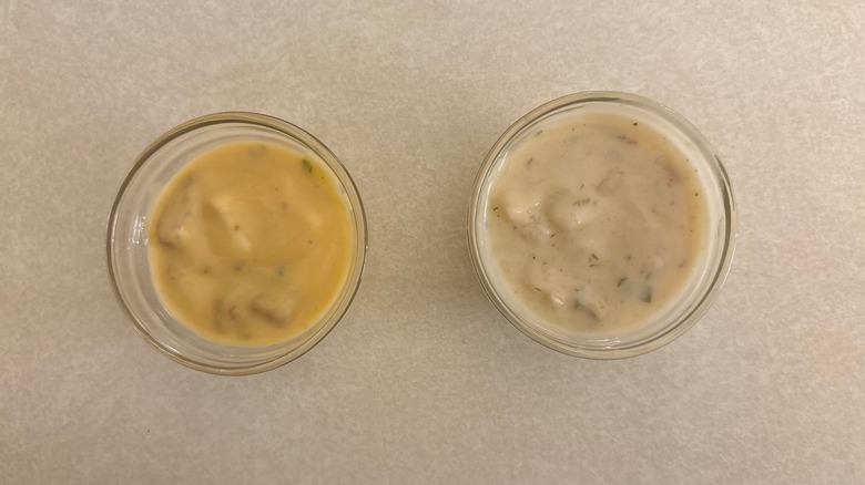 Progresso Pitmaster Grilled Chicken Bacon Ranch Soup and Progresso Pitmaster Charbroiled Bacon Cheeseburger Soup in glass ramekin side by side