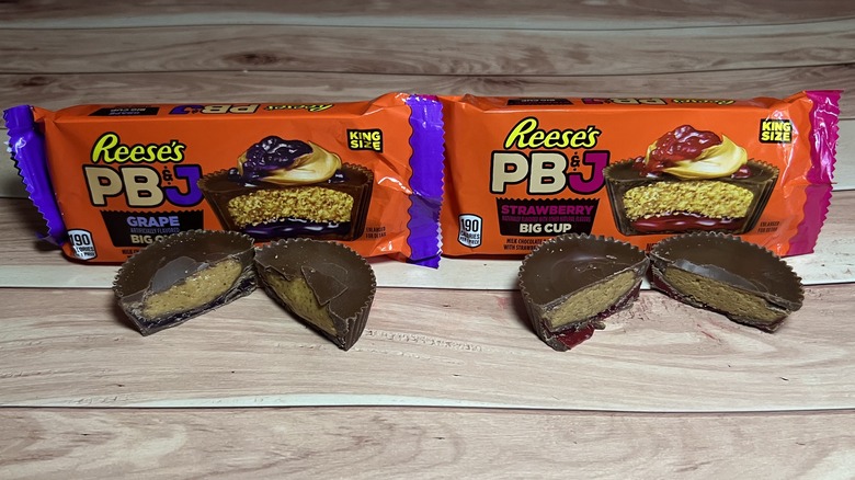 Reese's PB&J Big Cups cut in half and their packaging
