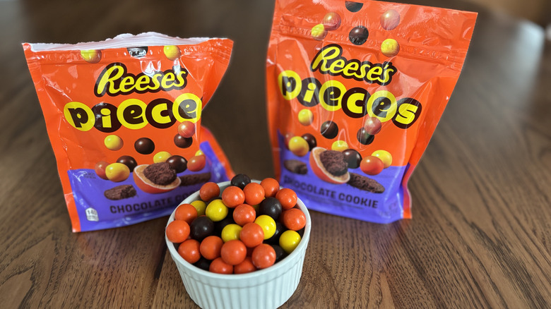 New Reese's Pieces with chocolate cookie centers in candy bowl