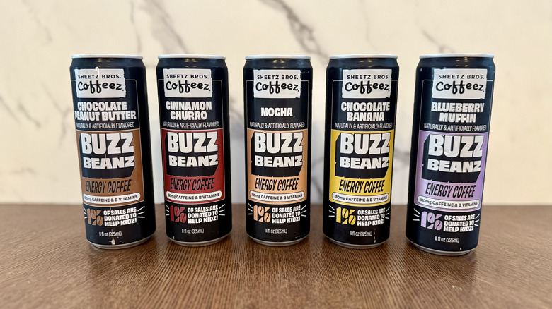 All five Buzz Beanz cans lined up