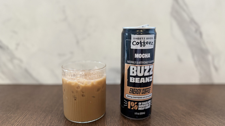 Sheetz Buzz Beanz Mocha in a glass with the can