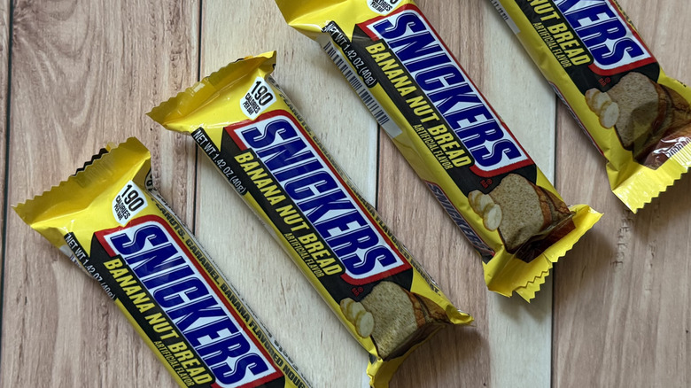 a row of Snickers Banana Nut Bread bars