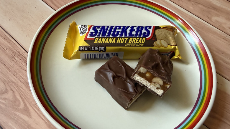 Snickers Banana Nut Bread bar on a plate