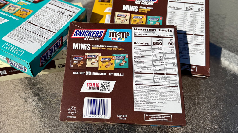 The back of the boxes of Snickers Ice Cream Minis
