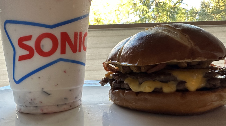 Sonic's Pretzel Bacon Double Sonic Smasher and Peppermint Brownie Bark Shake