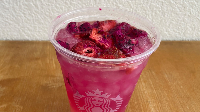 Top-down view of MrBeast Cannon Ball Drink with no lid on table