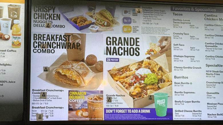Taco Bell menu screen