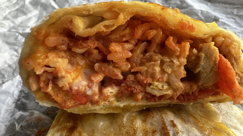 Taco Bell Flamin' Hot Grilled Cheese Burrito close-up of inside