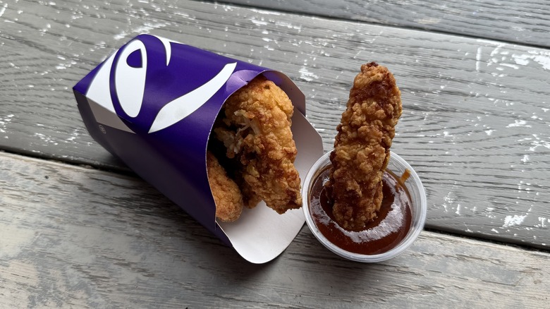 Crispy Chicken strip dipped in Sweet Chipotle BBQ sauce