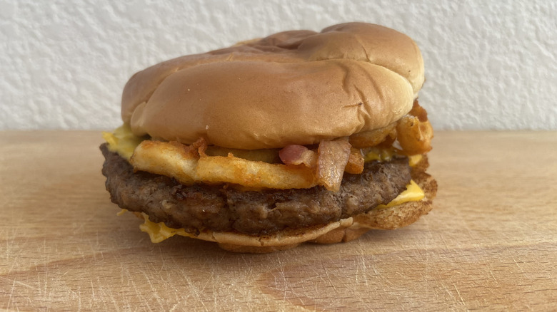 Close-up of the Sriracha Curly Fry Burger