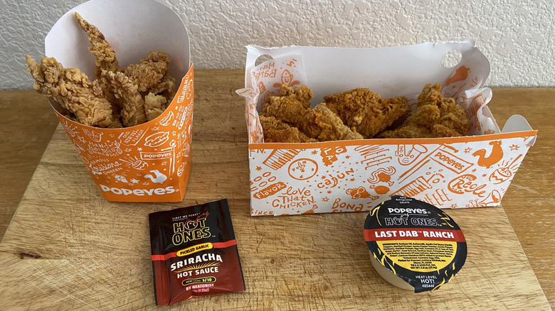 the Chicken Dippers, the wings, and two Hot Ones sauces