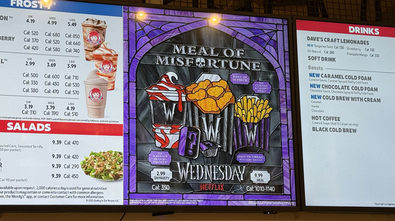 video menu screen displaying Wendy's x Wednesday Meal of Misfortune