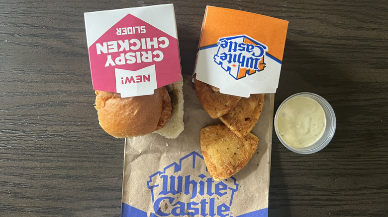 New White Castle Chicken Fajita Slider and Jalapeno Cravioli with dipping sauce.