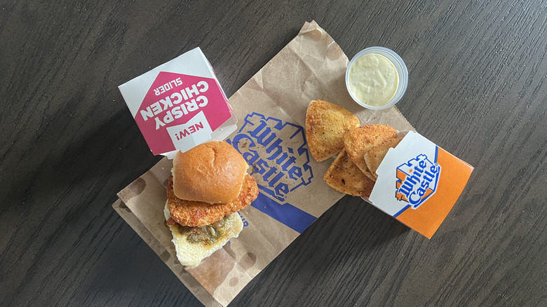 New White Castle Chicken Fajita Slider and Jalapeno Cravioli with dipping sauce.