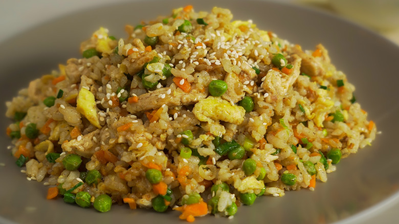 Plate of chicken and egg fried rice