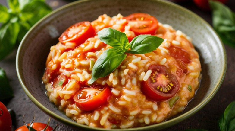Bowl of risotto with basil and split tomatoes