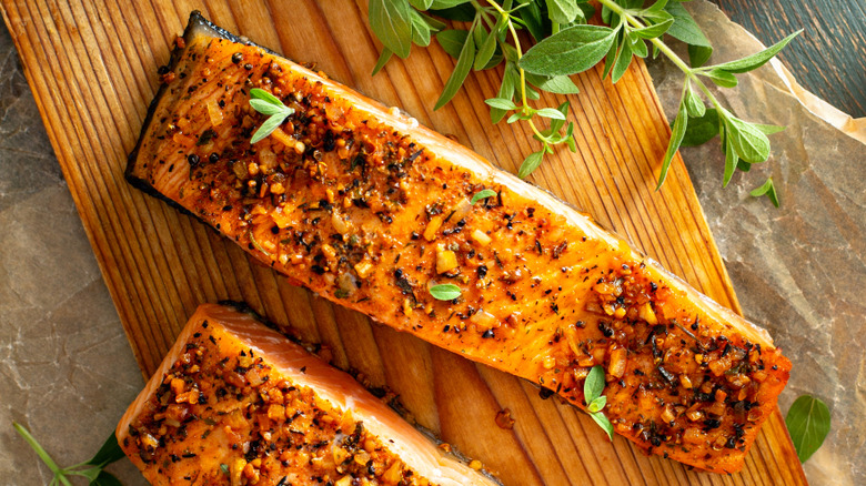 Top view of seasoned grilled salmon fillets on cedar plank