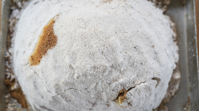 Meat baked in salt sitting on a counter